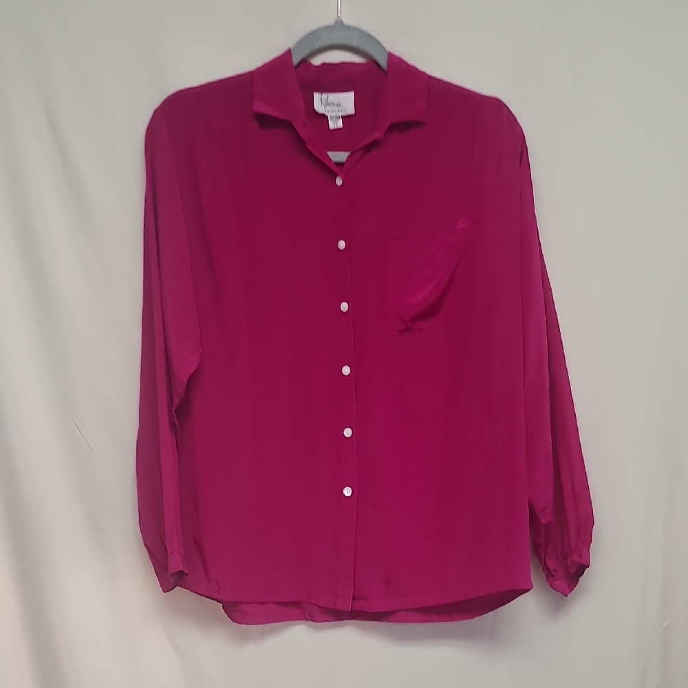 Vintage Robinsons California 100% Silk Fuchsia Button Front Blouse Size 12